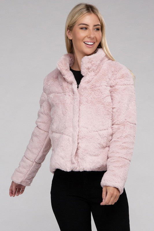 Fluffy Zip-Up Sweater Jacket-Teresa&#39;s Fashionista LLC