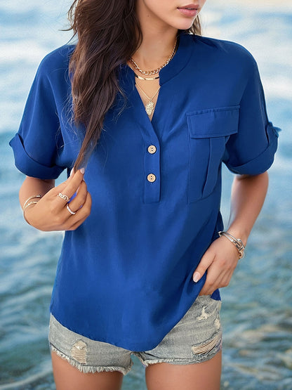 Buttoned Notched Short Sleeve Blouse-Teresa&#39;s Fashionista LLC