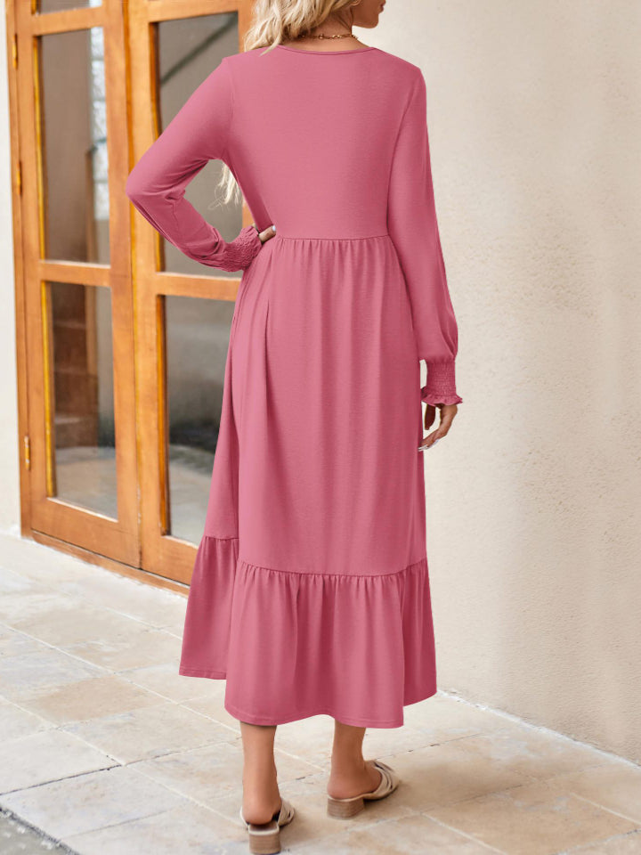 Round Neck Lantern Sleeve Ruffle Hem Dress-Teresa&#39;s Fashionista LLC