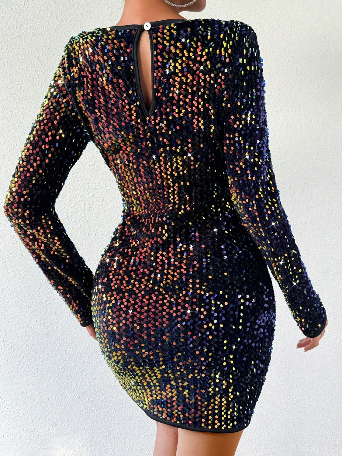 Sequin Round Neck Long Sleeve Mini Dress-Teresa&#39;s Fashionista LLC