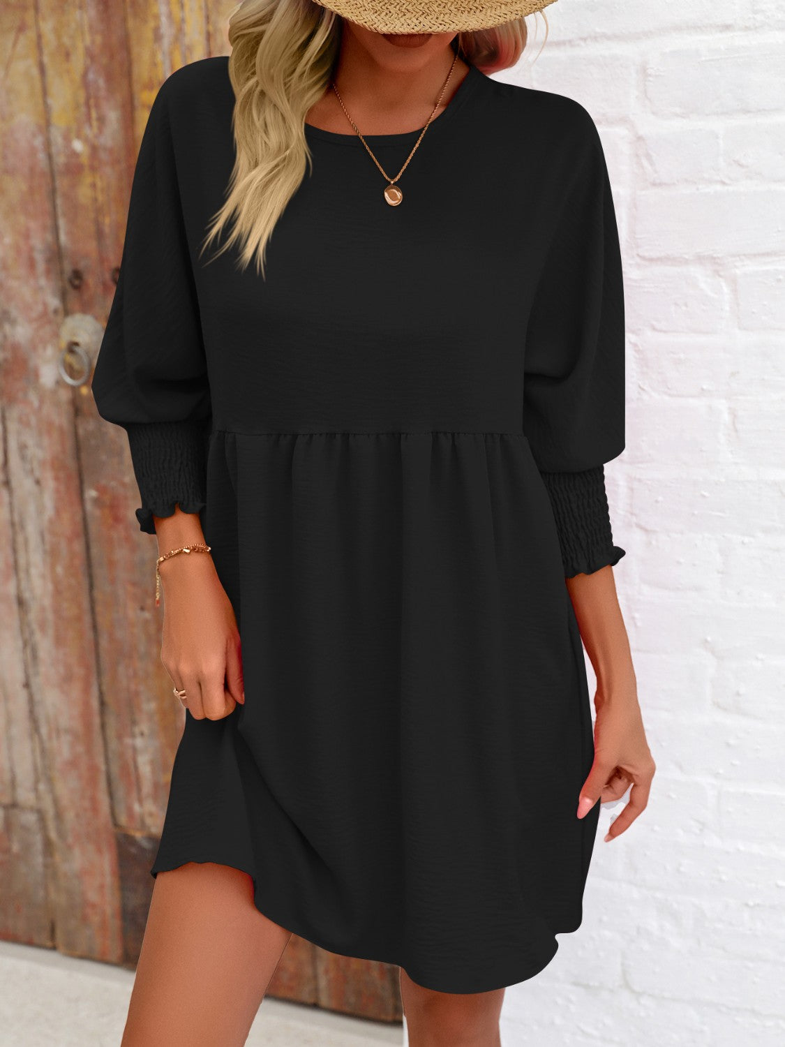 Round Neck Lantern Sleeve Mini Dress-Teresa&#39;s Fashionista LLC