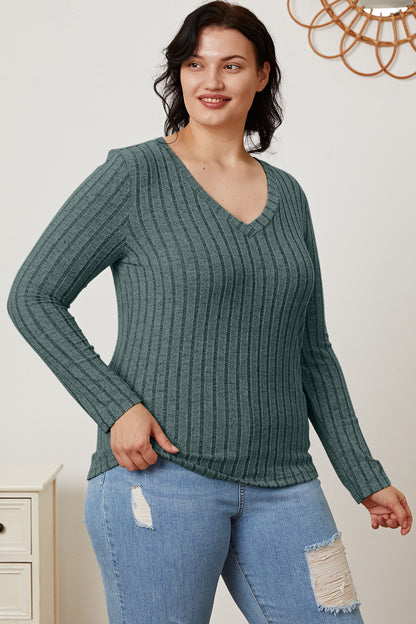 Basic Bae Full Size Ribbed V-Neck Long Sleeve T-Shirt-Teresa&#39;s Fashionista LLC