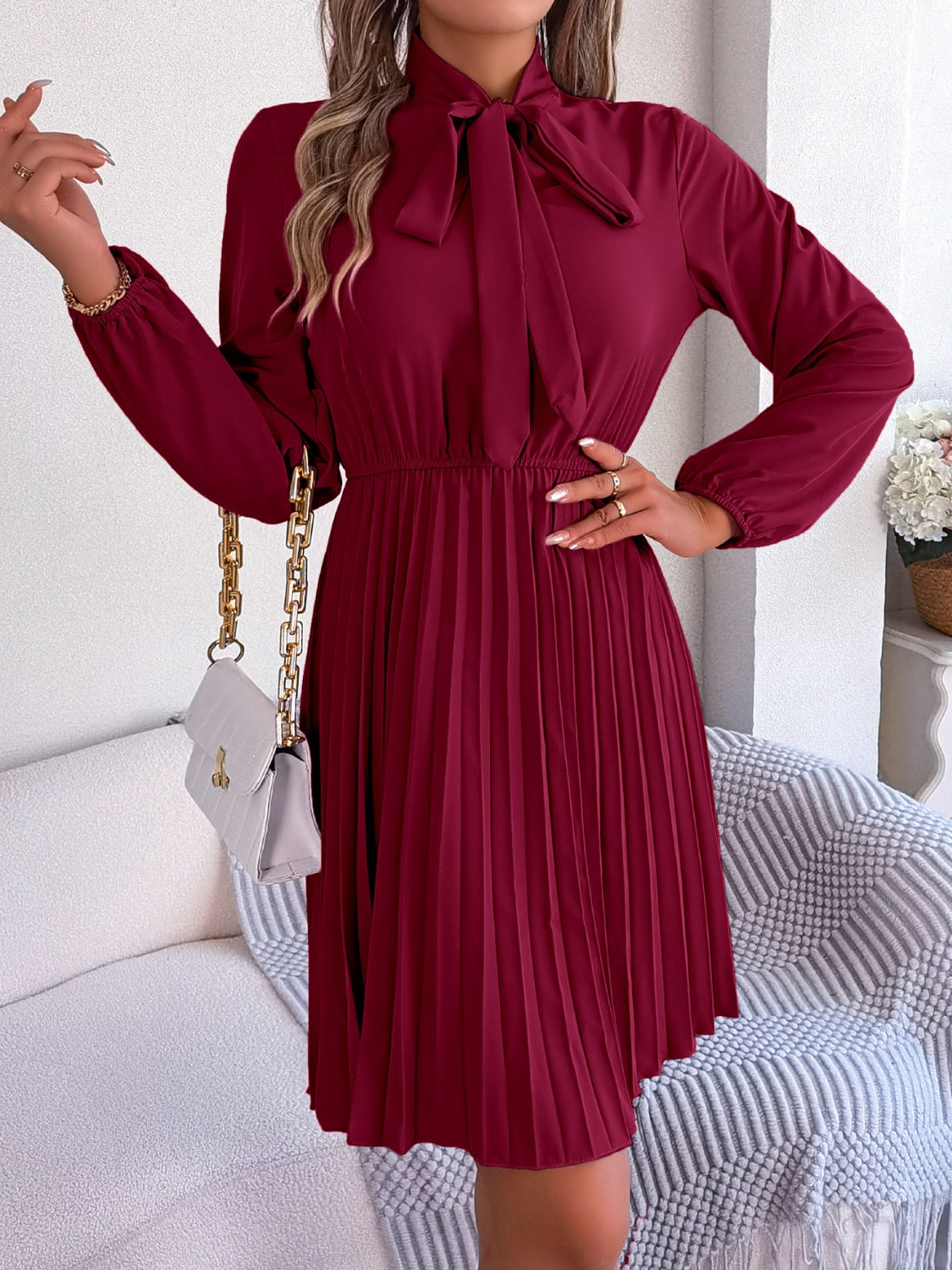 Tie Neck Balloon Sleeve Pleated Dress-Teresa&#39;s Fashionista LLC