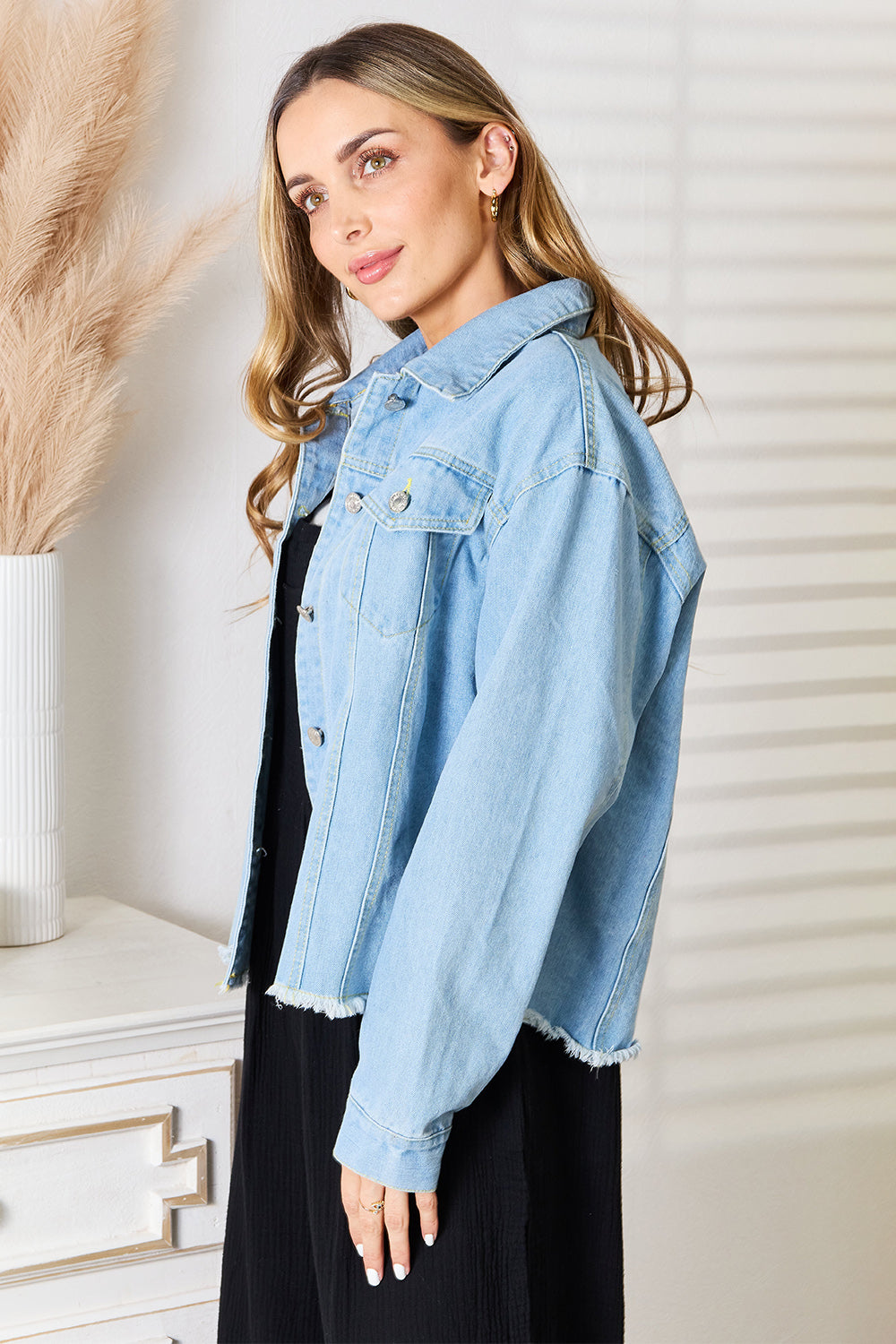 Double Take Dropped Shoulder Raw Hem Denim Jacket-Teresa&#39;s Fashionista LLC