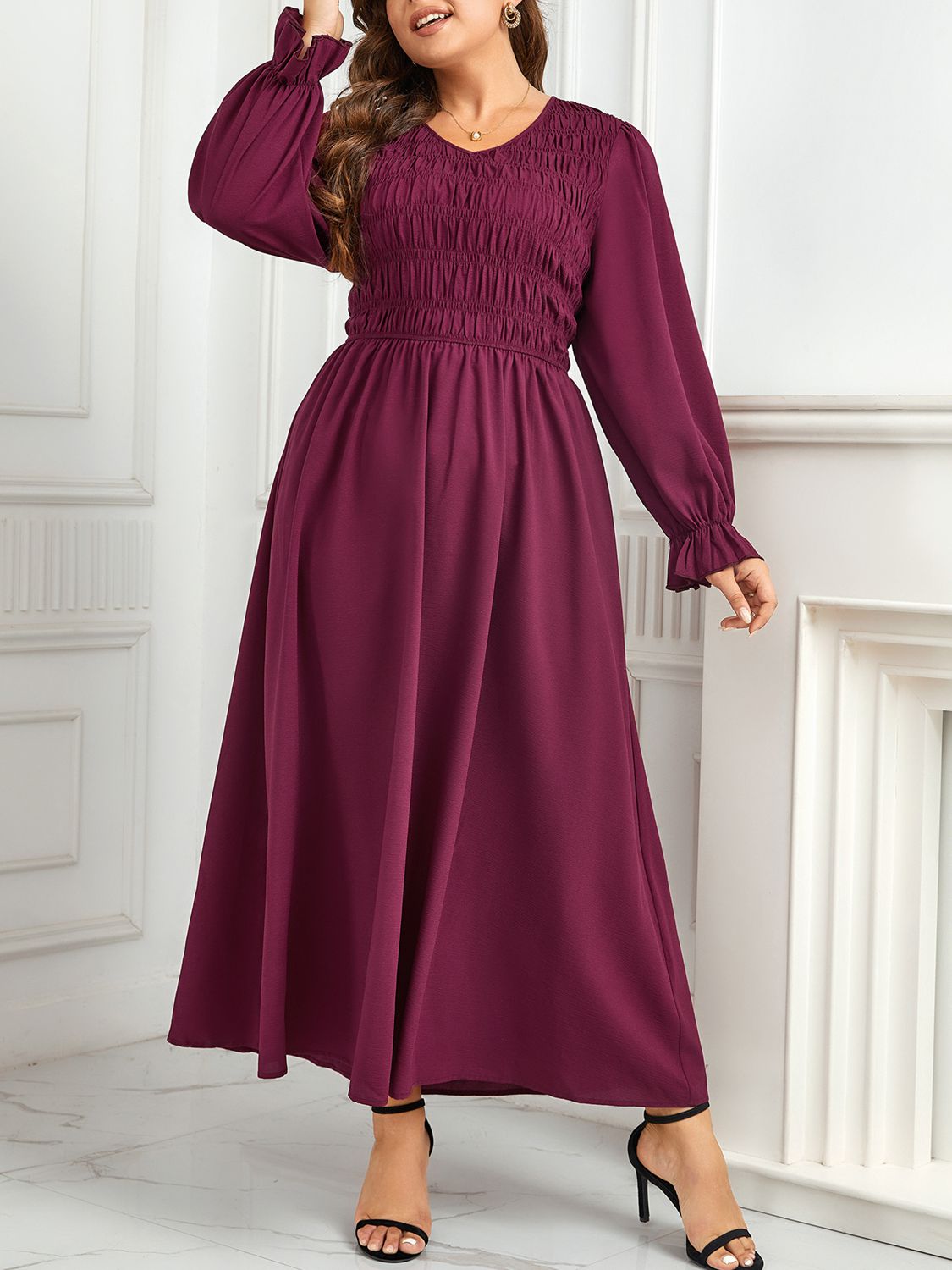 Plus Size Flounce Sleeve Smocked Maxi Dress-Teresa&#39;s Fashionista LLC