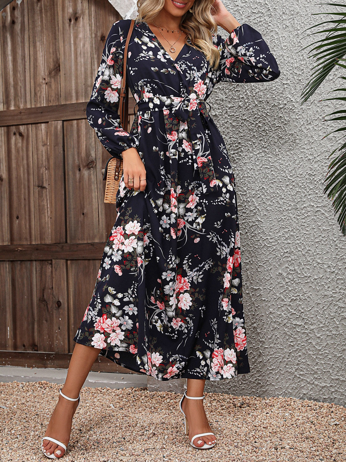 Floral Long Sleeve Surplice Neck Dress-Teresa&#39;s Fashionista LLC