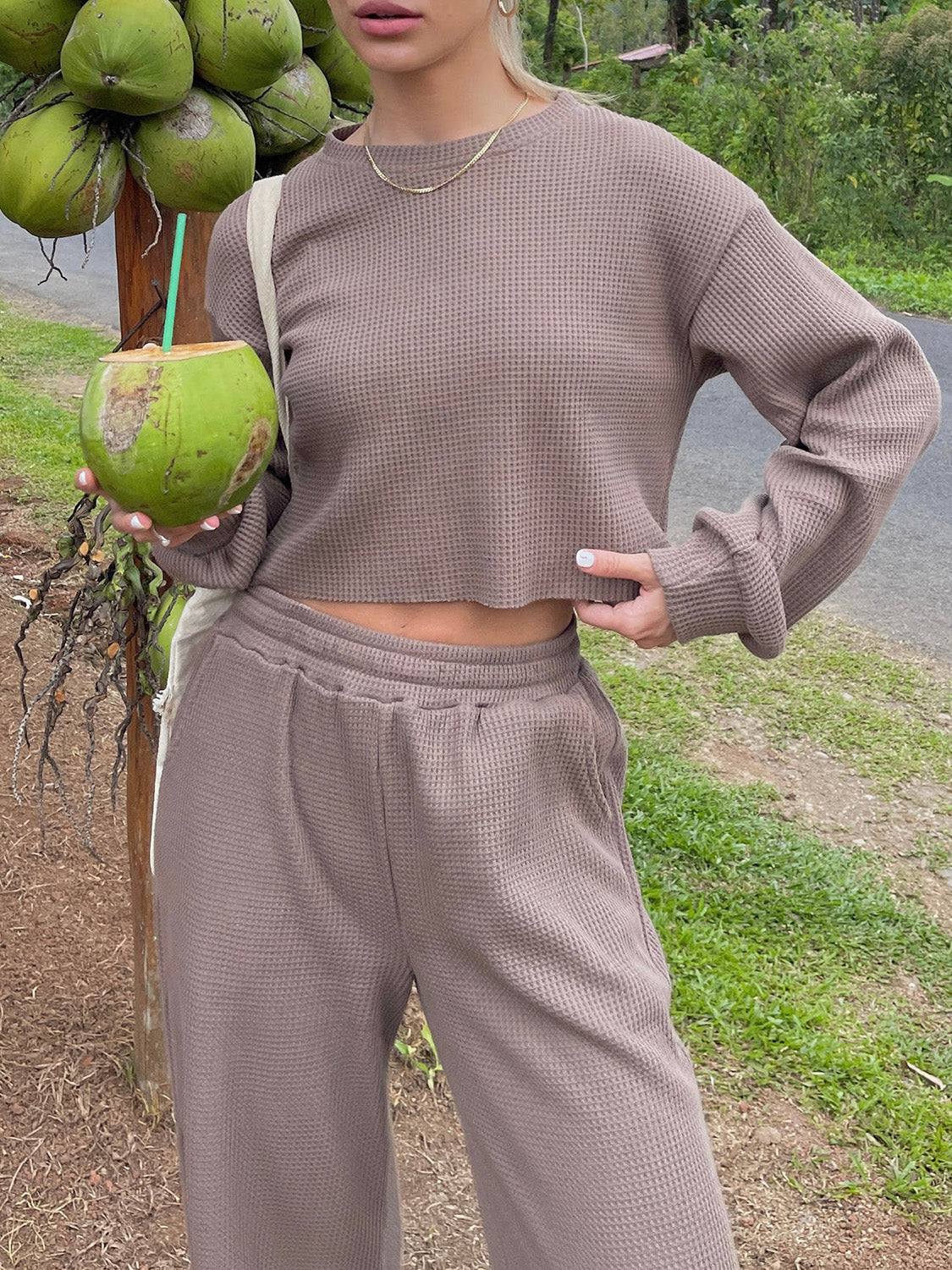 Waffle-Knit Round Neck Top and Pants Set-Teresa&#39;s Fashionista LLC