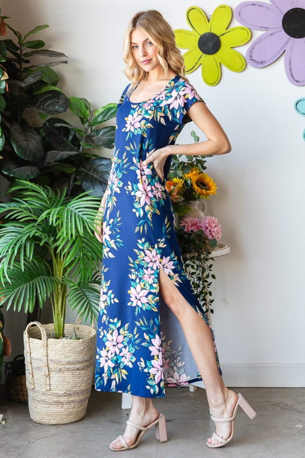 Heimish Full Size Floral Short Sleeve Slit Dress-Teresa&#39;s Fashionista LLC