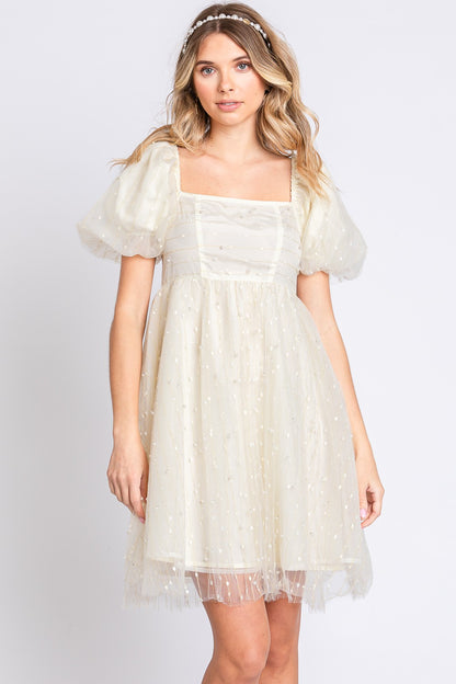 GeeGee Pearl Mesh Puff Sleeve Babydoll Dress-Teresa&#39;s Fashionista LLC