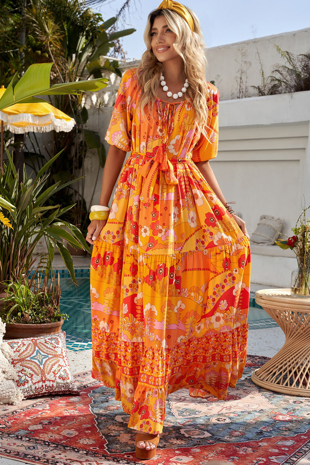 Bohemian Tie-Waist Tiered Maxi Dress-Teresa&#39;s Fashionista LLC