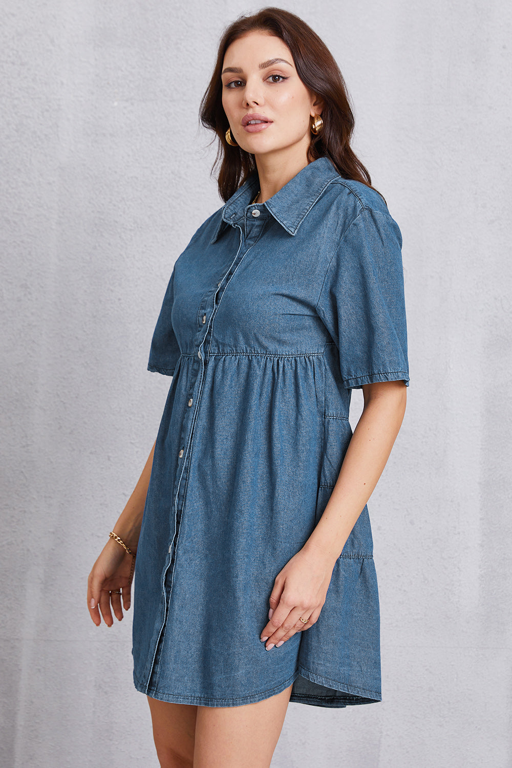 Button Up Collared Neck Tiered Denim Dress-Teresa&#39;s Fashionista LLC