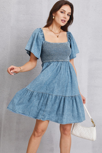 Smocked Square Neck Mini Denim Dress-Teresa&#39;s Fashionista LLC