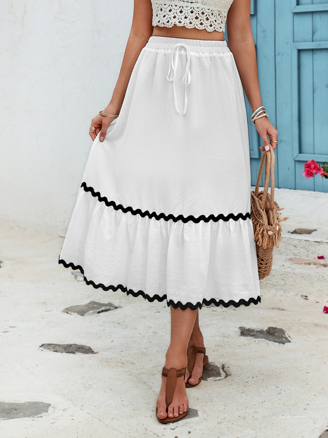 Tied Contrast Trim High Waist Skirt-Teresa&#39;s Fashionista LLC