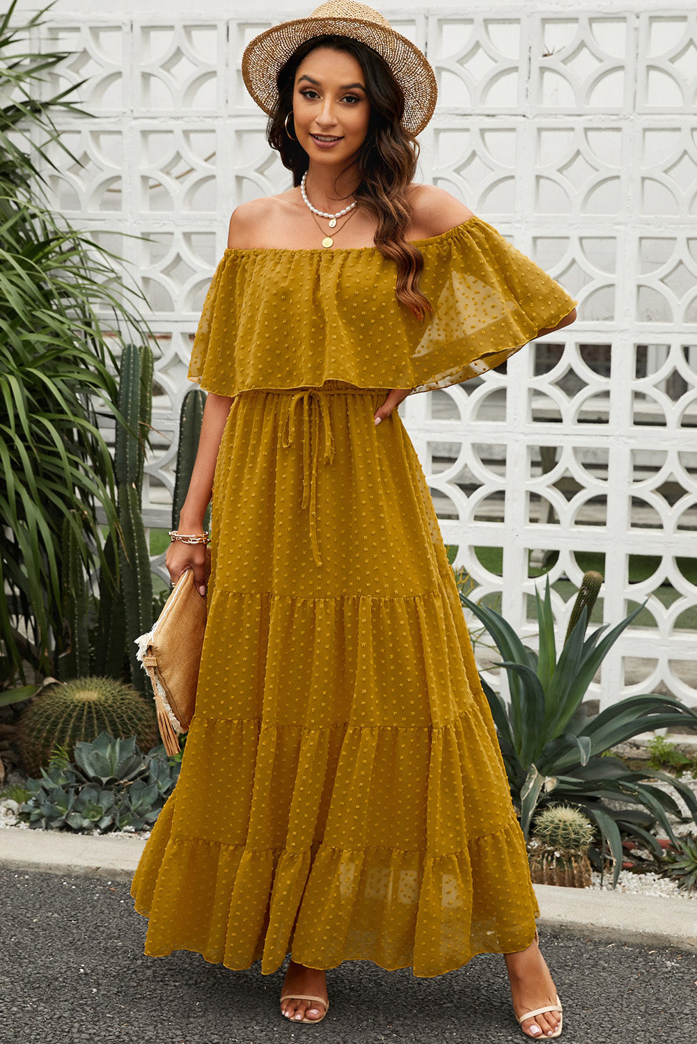 Swiss Dot Off-Shoulder Tiered Maxi Dress-Teresa&#39;s Fashionista LLC