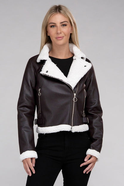 Plush Teddy Trimmed PU Jacket-Teresa&#39;s Fashionista LLC