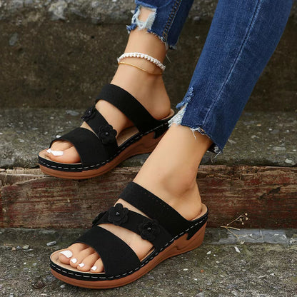 Flower PU Leather Wedge Sandals-Teresa&#39;s Fashionista LLC