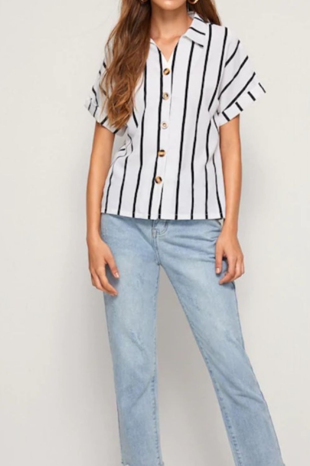 Striped Button Up Short Sleeve Shirt-Teresa&#39;s Fashionista LLC