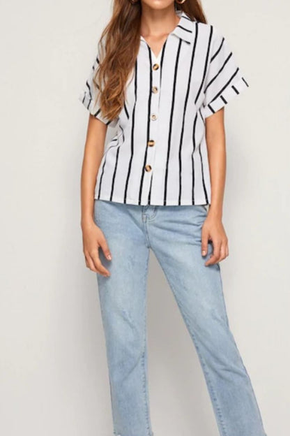 Striped Button Up Short Sleeve Shirt-Teresa&#39;s Fashionista LLC