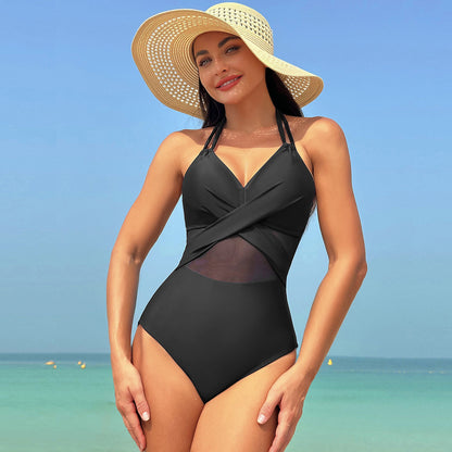 Halter-neck One-piece Swimsuit Summer Solid Color Cross-strap Design Mesh Bikini Beach Vacation Womens Clothing-Teresa&#39;s Fashionista LLC