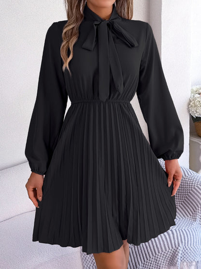 Tie Neck Balloon Sleeve Pleated Dress-Teresa&#39;s Fashionista LLC