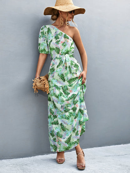 Printed Tie Waist One Shoulder Maxi Dress-Teresa&#39;s Fashionista LLC