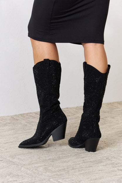 Forever Link Rhinestone Knee High Cowboy Boots-Teresa&#39;s Fashionista LLC