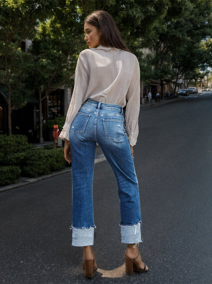 Stepped Waist Raw Hem Rolled Straight Jeans-Teresa&#39;s Fashionista LLC