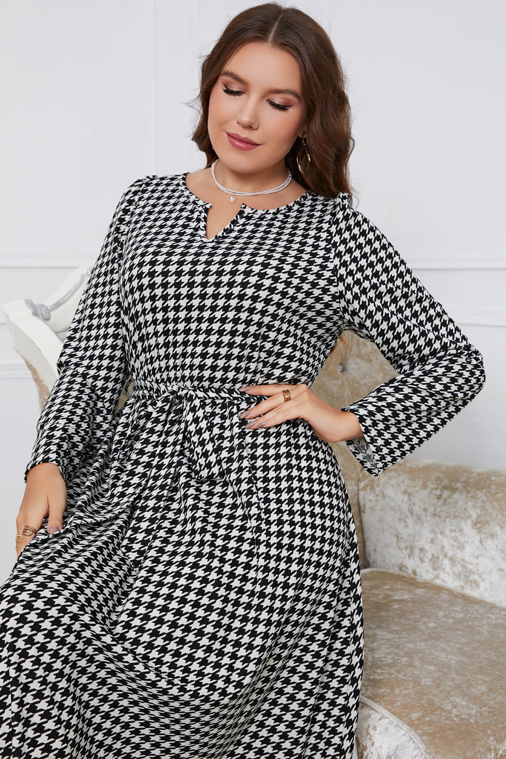 Melo Apparel Plus Size Notched Neck Houndstooth Tie Belt Maxi Dress-Teresa&#39;s Fashionista LLC