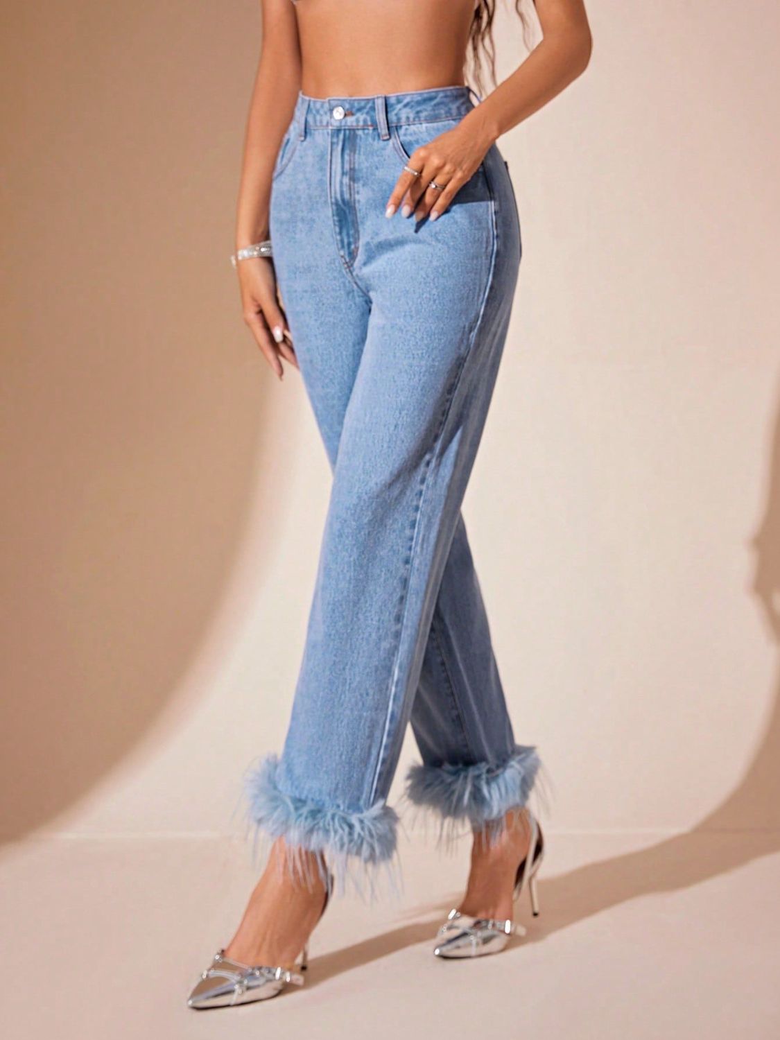 Plush Hem High Rise Straight Jeans