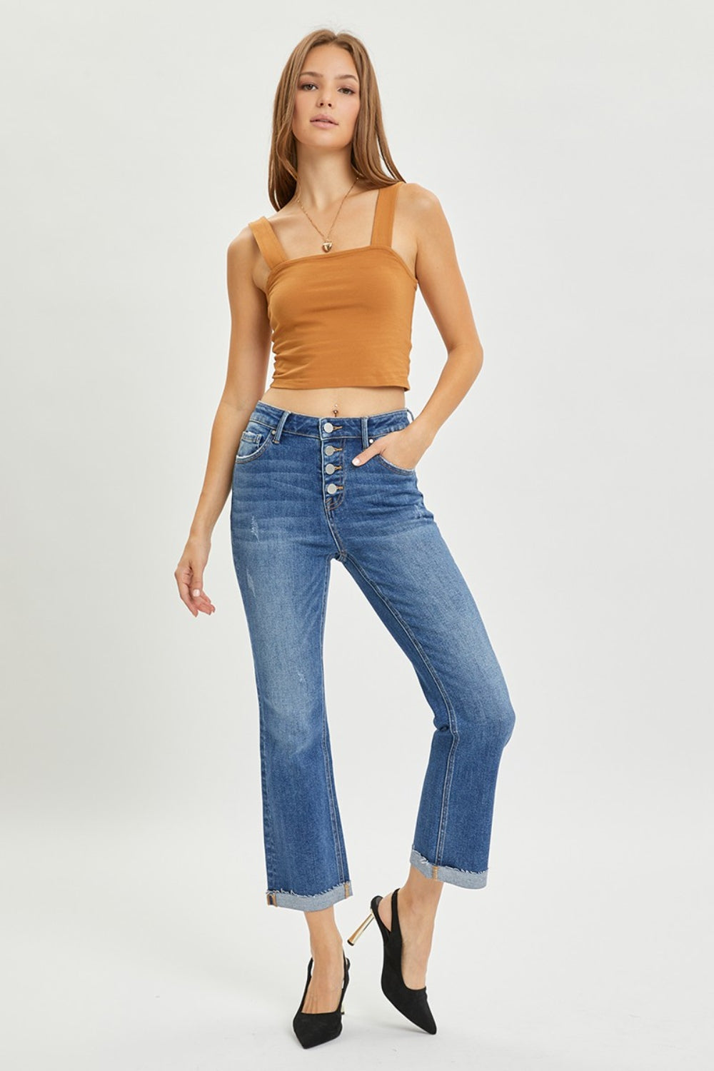 RISEN Full Size Button Fly Cropped Bootcut Jeans-Teresa&#39;s Fashionista LLC