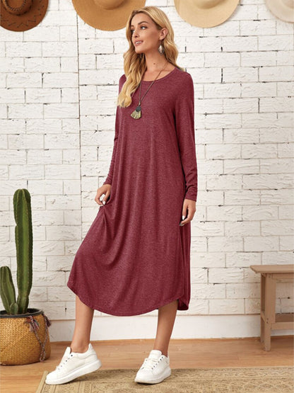 Pocketed Round Neck Long Sleeve Tee Dress-Teresa&#39;s Fashionista LLC