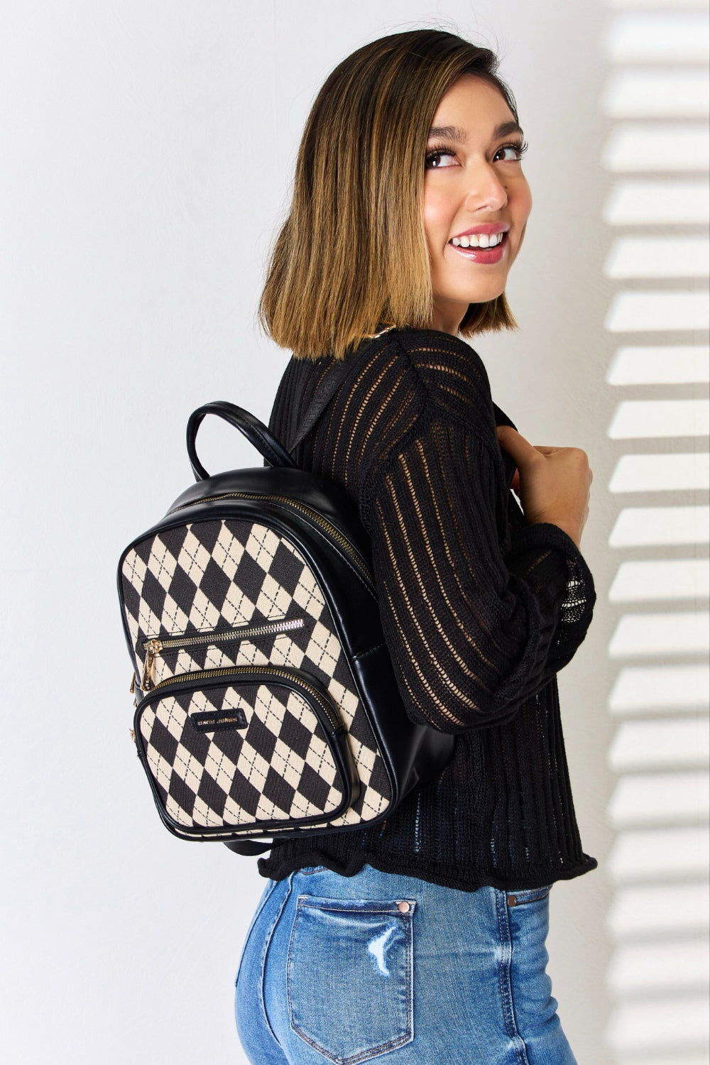 David Jones Argyle Pattern PU Leather Backpack-Teresa&#39;s Fashionista LLC