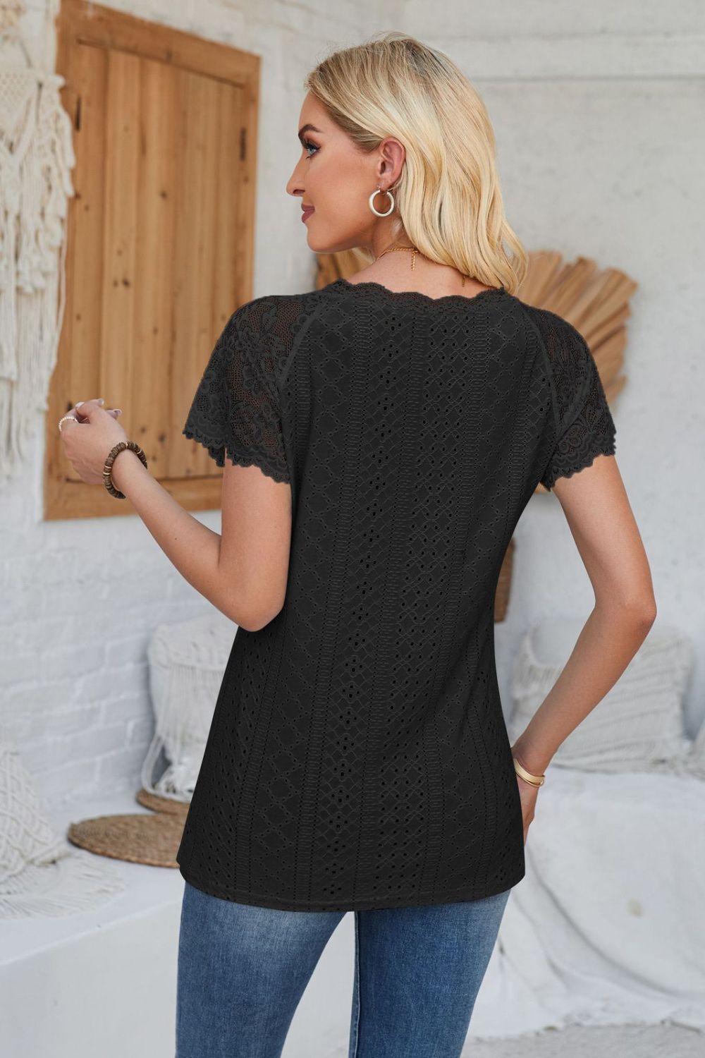 Eyelet V-Neck Lace Short Sleeve T-Shirt-Teresa&#39;s Fashionista LLC