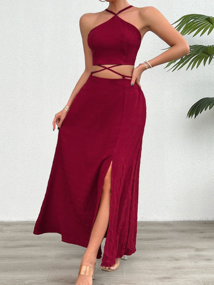 Grecian Neck Top and Slit Skirt Set-Teresa&#39;s Fashionista LLC