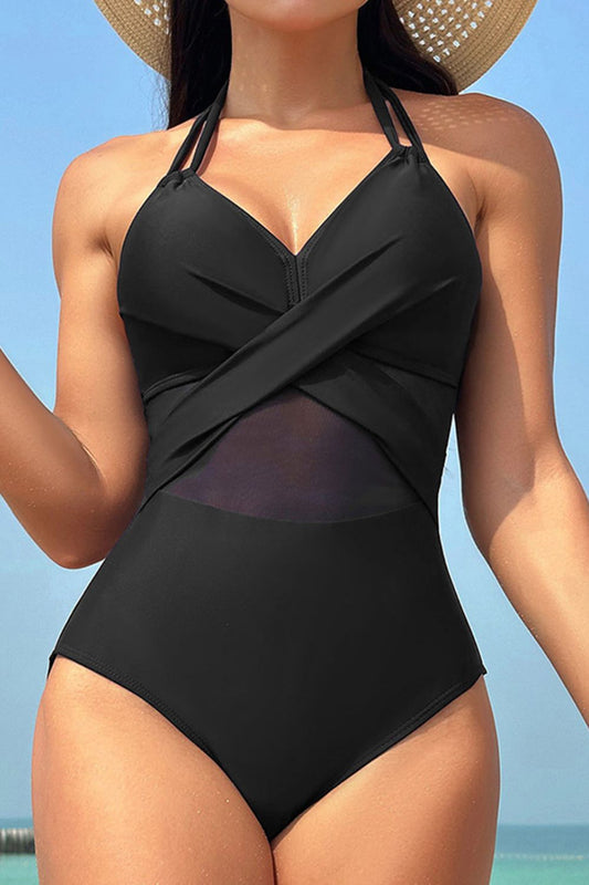 Crisscross Halter Neck One-Piece Swimwear-Teresa&#39;s Fashionista LLC