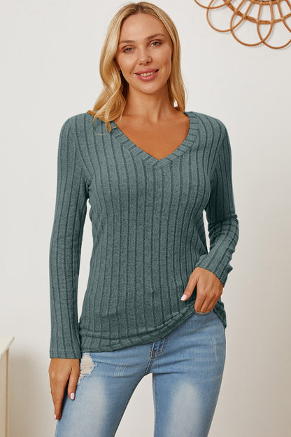 Basic Bae Full Size Ribbed V-Neck Long Sleeve T-Shirt-Teresa&#39;s Fashionista LLC