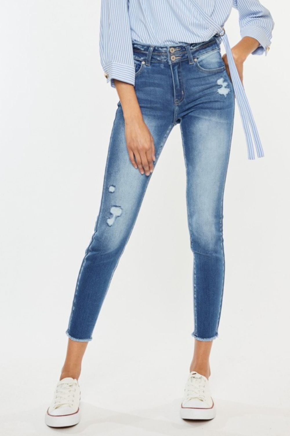 Kancan Distressed Raw Hem High Waist Jeans-Teresa&#39;s Fashionista LLC