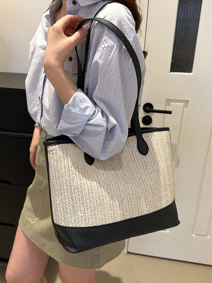 Contrast Straw Woven Tote Bag-Teresa&#39;s Fashionista LLC