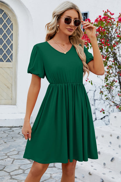 V-Neck Balloon Short Sleeve Dress-Teresa&#39;s Fashionista LLC