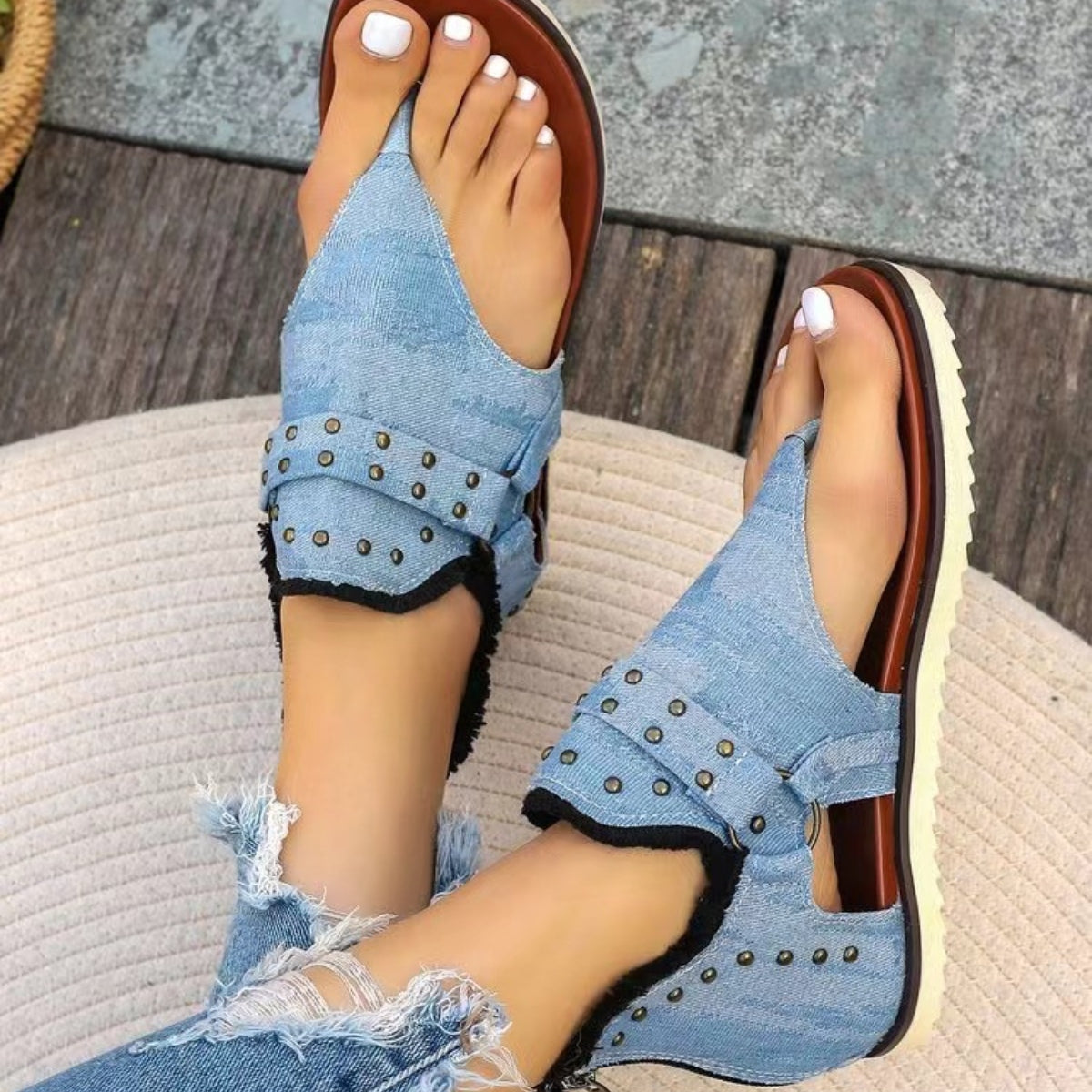 Studded Raw Hem Flat Sandals-Teresa&#39;s Fashionista LLC