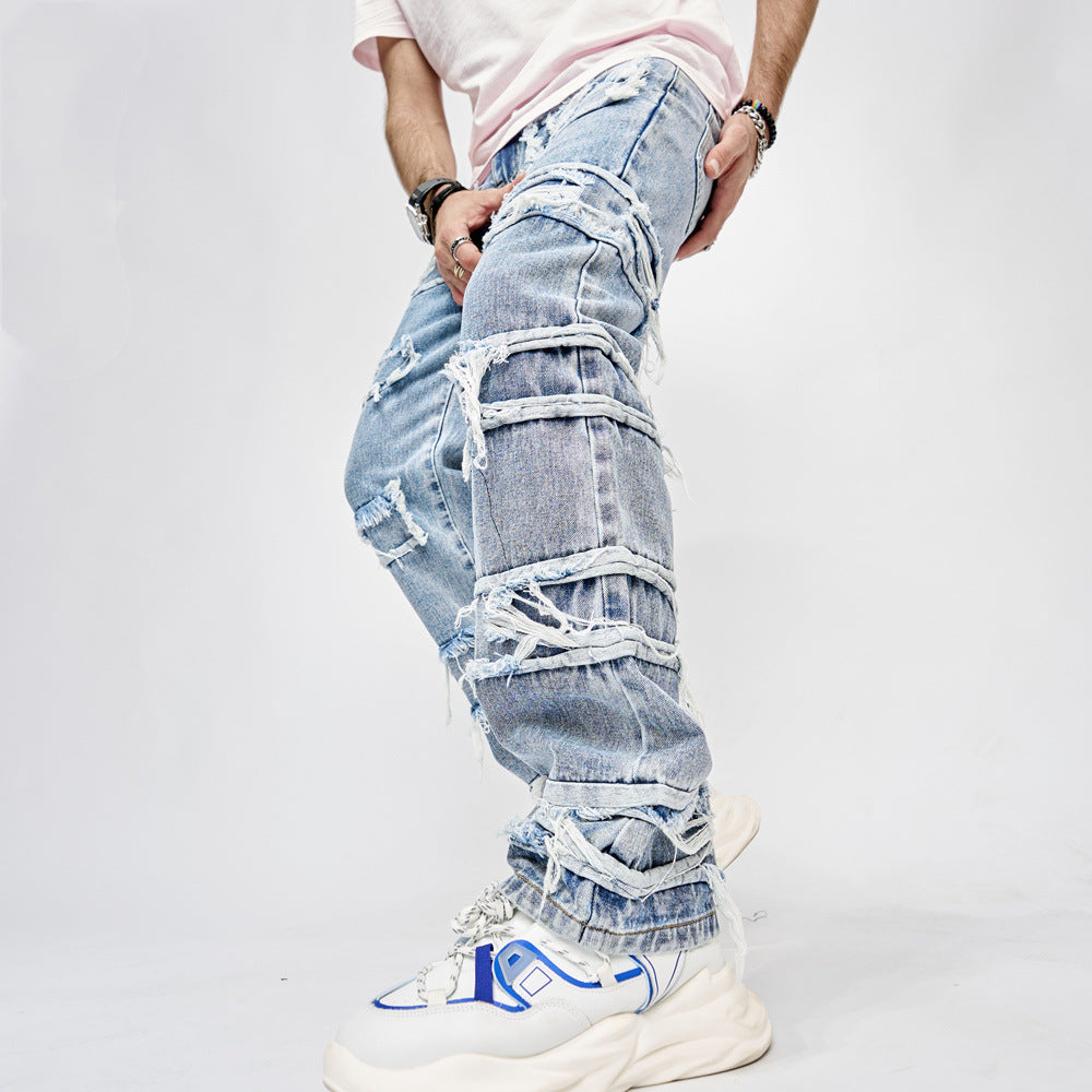 High Street Trousers Man's Pants Full Length Patched Straight Fit Men's Hip Hop Jeans-Teresa&#39;s Fashionista LLC