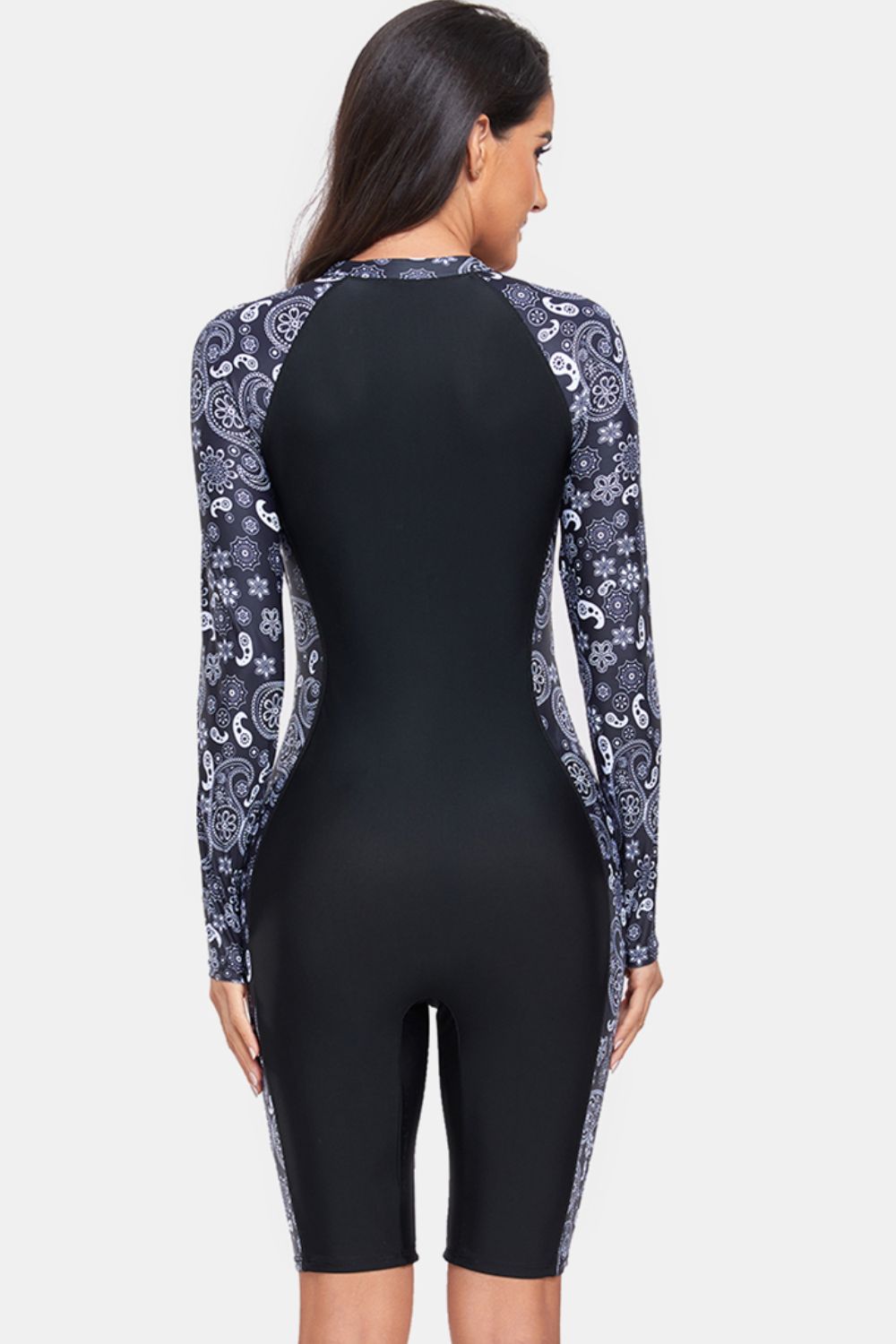 Printed Half Zip Long Sleeve One-Piece Swimwear-Teresa&#39;s Fashionista LLC