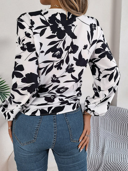 Printed V-Neck Long Sleeve Blouse-Teresa&#39;s Fashionista LLC