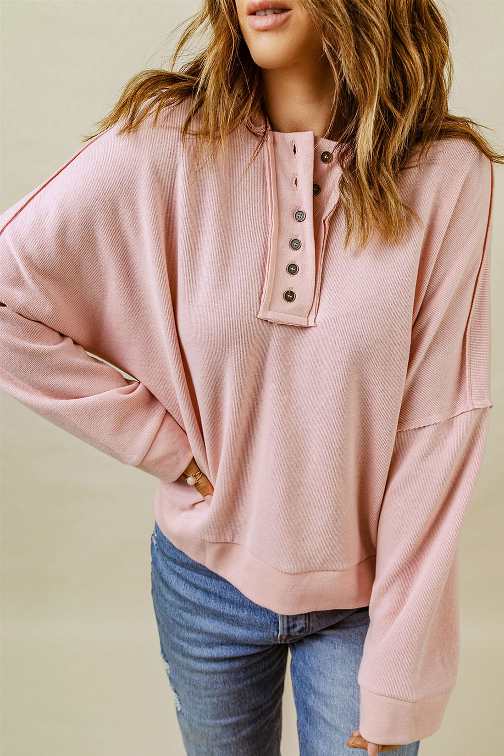 Quarter-Button Exposed Seam Dropped Shoulder Hoodie-Teresa&#39;s Fashionista LLC