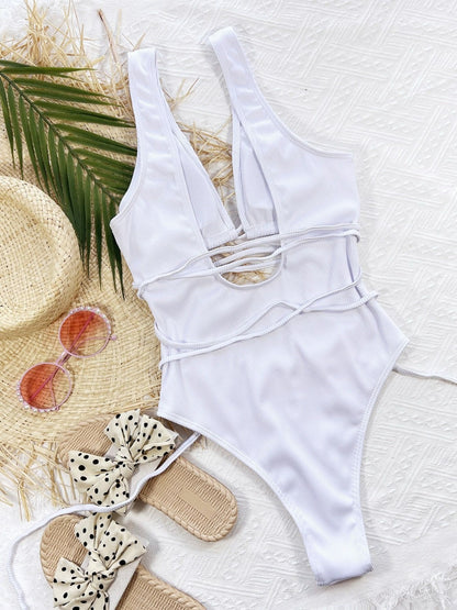 Ribbed Lace Up One-Piece Swimsuit-Teresa&#39;s Fashionista LLC