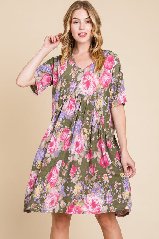 BOMBOM Flower Print V-Neck Ruched Dress-Teresa&#39;s Fashionista LLC