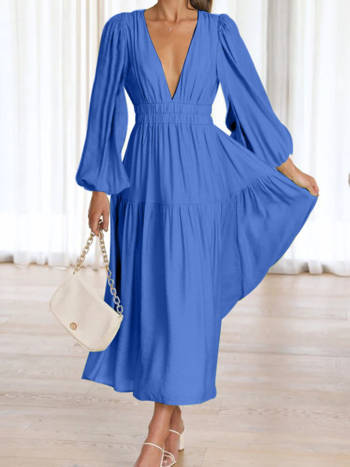 Deep V-Neck Balloon Sleeve Plain Maxi Dress-Teresa&#39;s Fashionista LLC