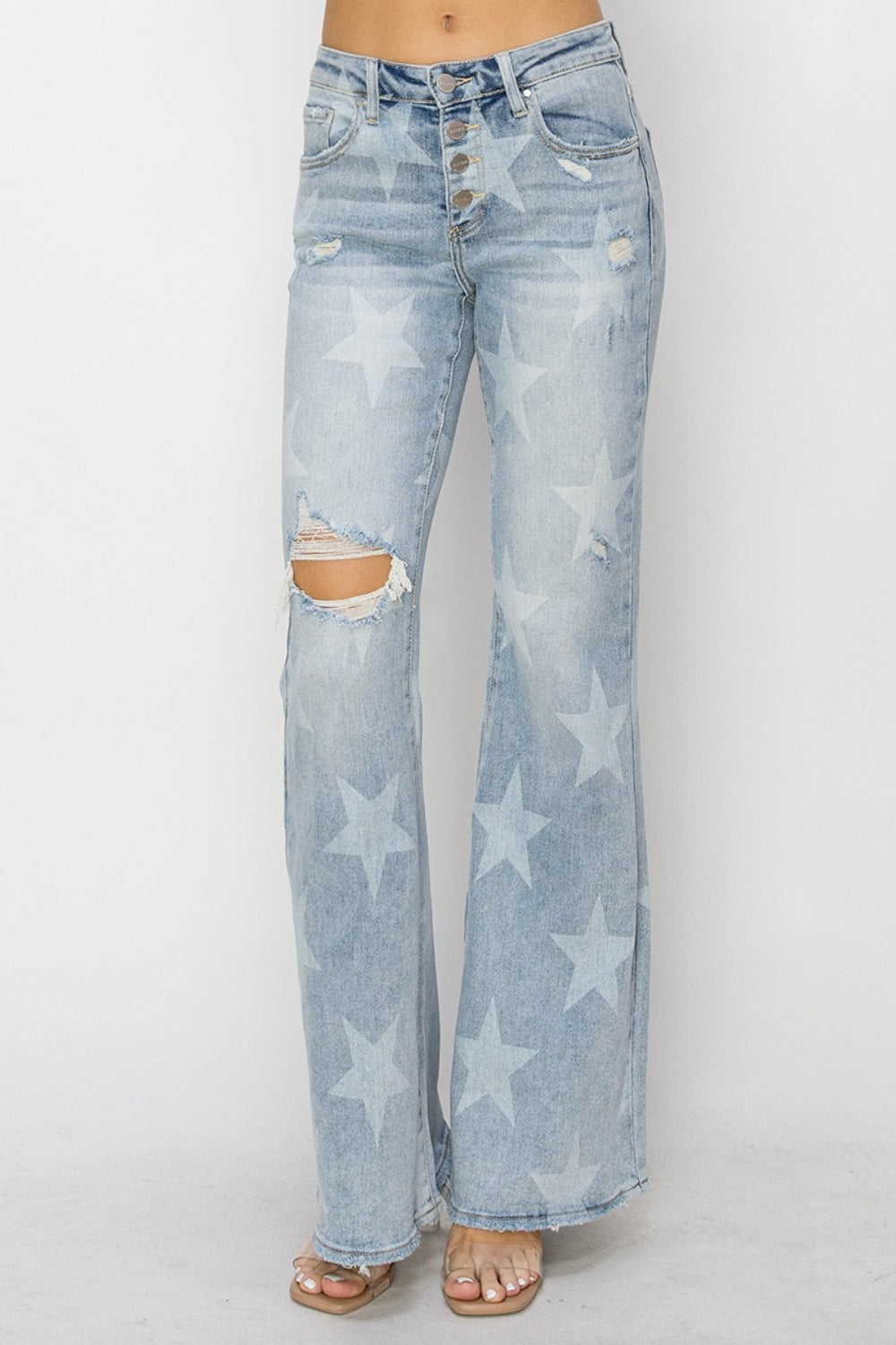 RISEN Mid Rise Button Fly Start Print Flare Jeans-Teresa&#39;s Fashionista LLC