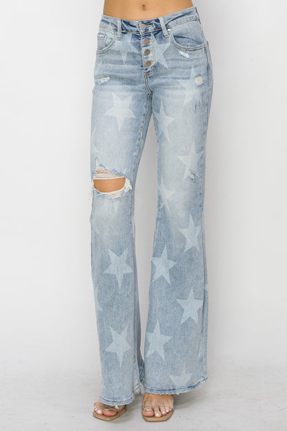 RISEN Mid Rise Button Fly Start Print Flare Jeans-Teresa&#39;s Fashionista LLC