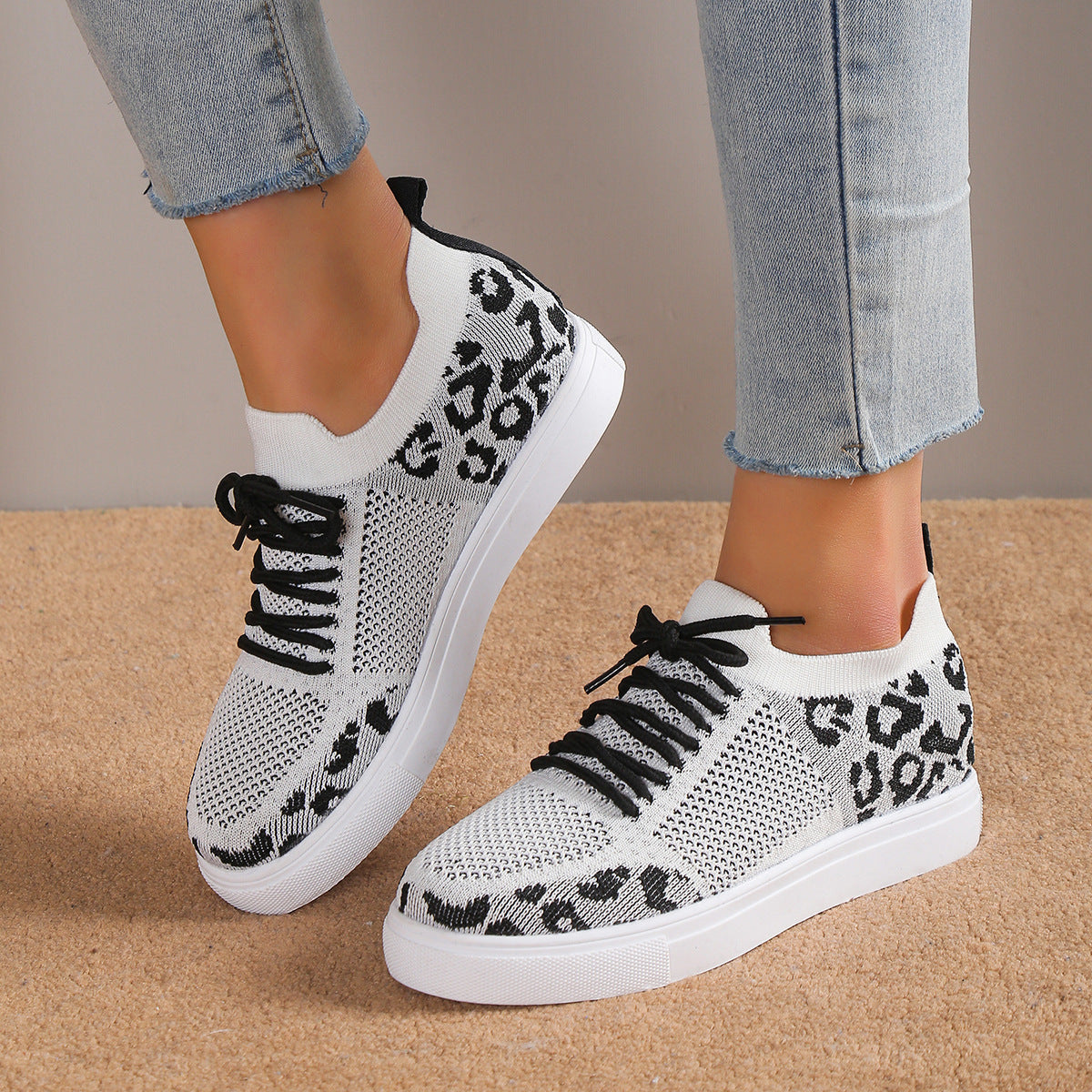 Lace-Up Leopard Flat Sneakers-Teresa&#39;s Fashionista LLC